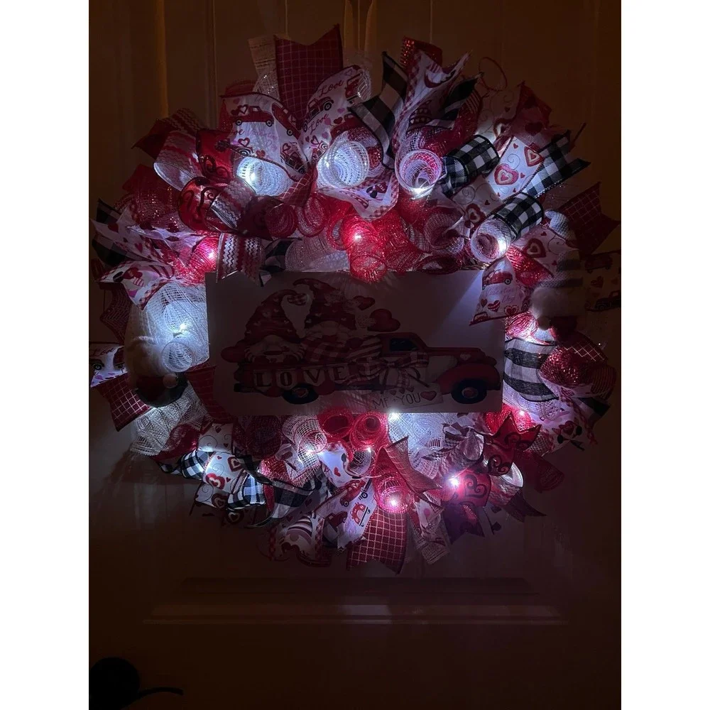 Handmade Valentine’s Gnome LOVE Truck Ribbon Prelit Wreath 22 ins LED W15